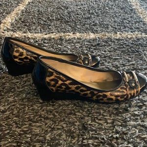 AK wedge, leopard print/black patent, gold buckle